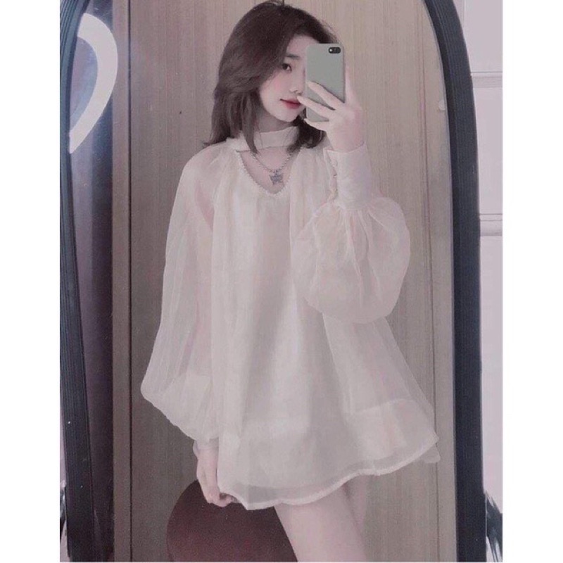 Áo sơ mi kiểu áo babydoll tơ óng 2 lớp phối ngọc kèm video ảnh thật Loại 1 hàng đẹp