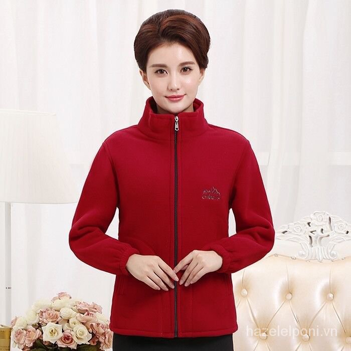 Spring and Autumn Outdoor Thickened Mother Style Coat Sweater Middle-Aged and Elderly Loose and Warm Polar Fleece Jacket Fleece Sweater Women's Clothing