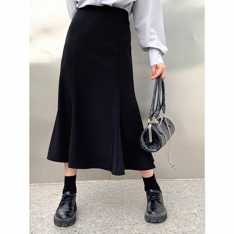 Chân Váy midi Chữ A Lưng Cao Viền Bèo Màu Đen Đơn Giản Phong Cách Hàn Quốc Thời Trang