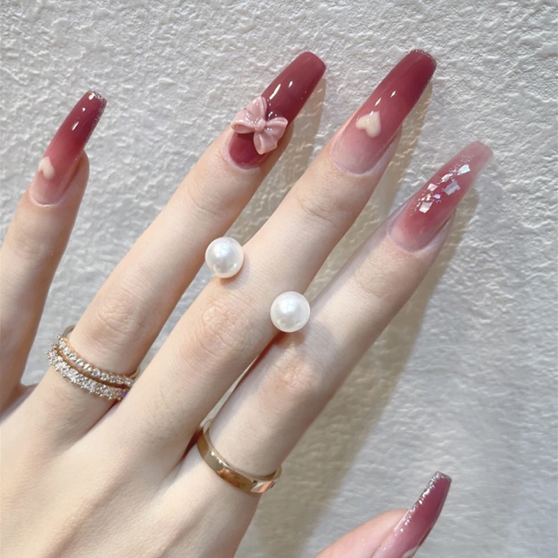 YADORNOS Set móng tay giả YADORNOS dáng dài màu hồng trắng đính nơ trái tim xinh xắn