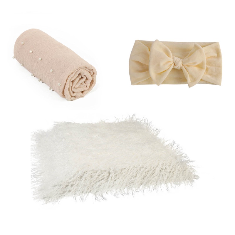 Bộ 3 Khăn Lông Quấn Bé Sơ Sinh Kèm Băng Đô Xinh Xắn