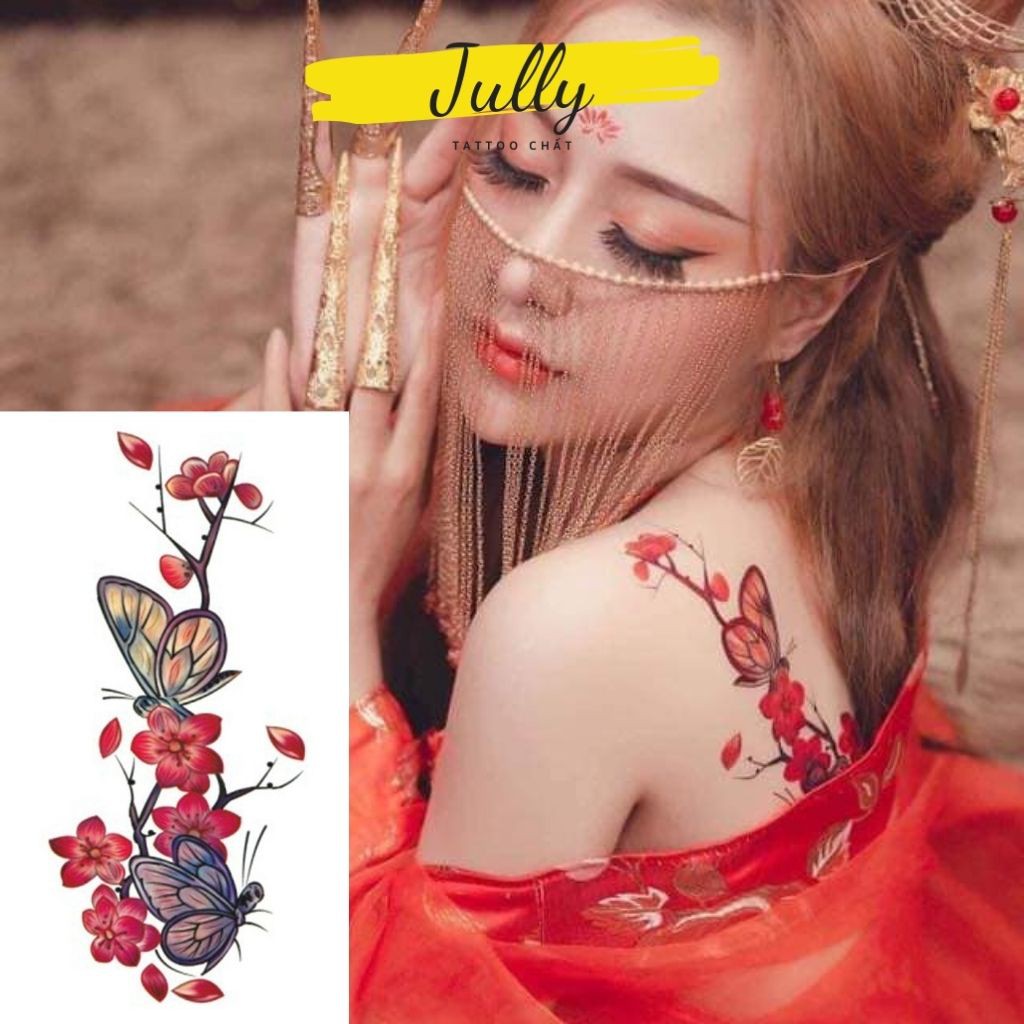 Hình xăm dán cành đào cổ trang mini JULLY Tattoo chất, xăm tạm thời 15 ngày chống thấm nước