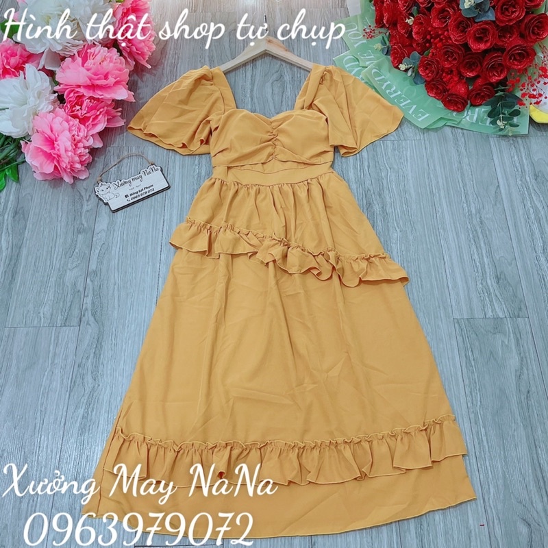 Đầm cổ vuông bèo tầng siêu hot