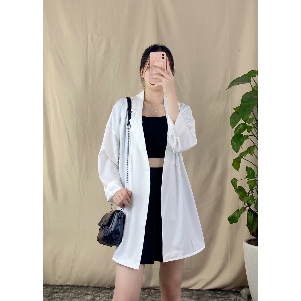 Áo blazer sang chảnh màu đen trắng xanh _ Áo vest_ áo blazer nữ vải trượt vạt bầu dáng rộng | BigBuy360 - bigbuy360.vn