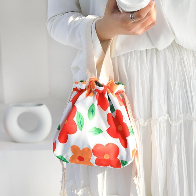 Túi đựng hộp cơm trưa xách tay tote canvas sức chứa lớn hai mặt họa tiết nghệ thuật phong cách Hàn Quốc dành cho nữ