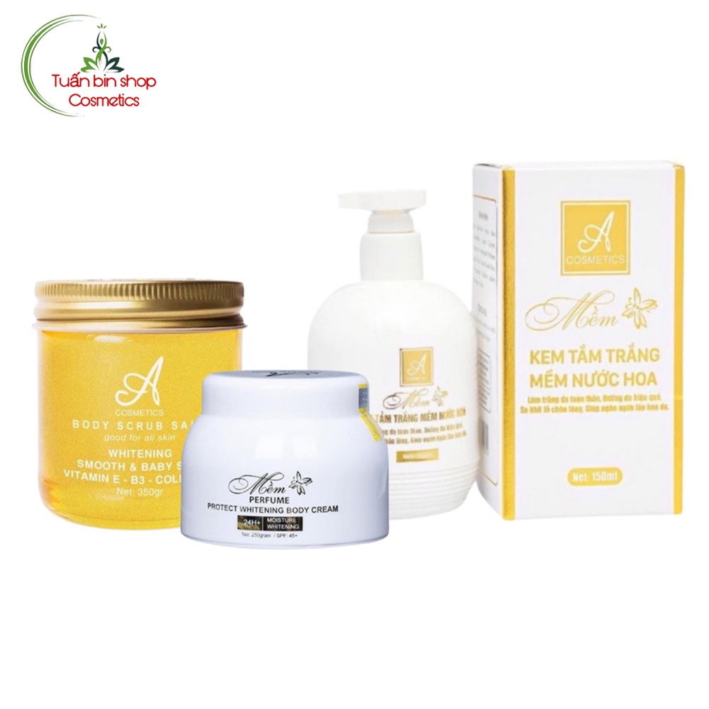 Bộ sản phẩm dưỡng trắng, cấp ẩm toàn thân Acosmetics (Kem body mềm, kem tắm trắng mềm nước hoa và muối tẩy tế bào chết)