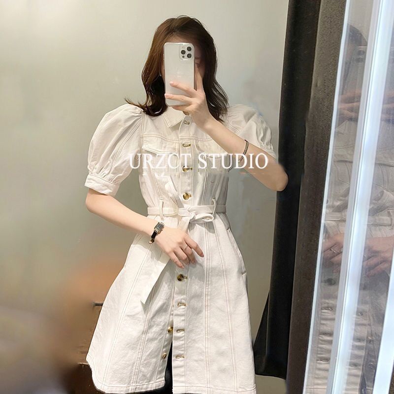 Đầm Denim Chữ a Tay Ngắn Phồng Màu Trắng Thời Trang Mùa Hè 2023 Mới Cho Nữ