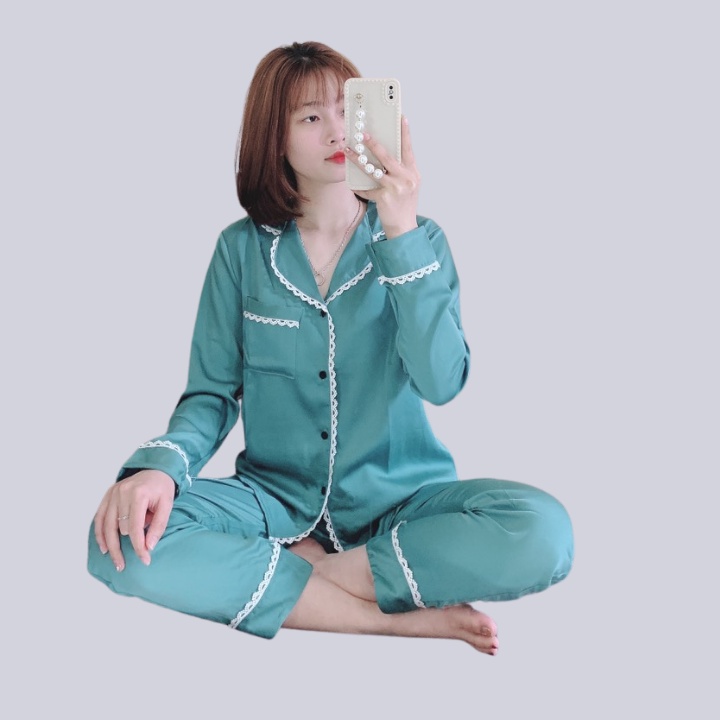 Đồ bộ mặc nhà dài tay quần dài, đồ bộ pyjama lụa đồ ngủ nữ chất liệu lụa tằm cao cấp mềm mịn Full size M L XL (40-63kg)