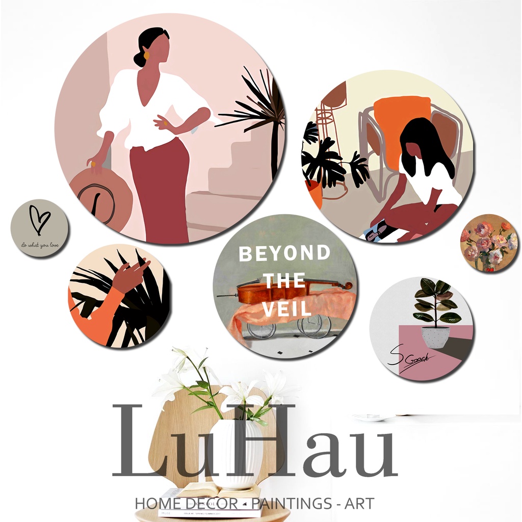 Tranh tròn dán tường Bohomian 2 trang trí phòng ngủ Hàn Quốc, tranh tròn treo tường decor phòng khách hiện đại