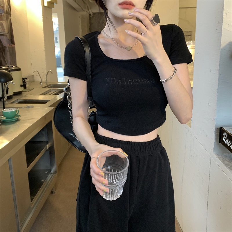 NUZIRO Áo Croptop Tay Ngắn Cổ Vuông Phong Cách Retro Hàn Quốc Cho Nữ