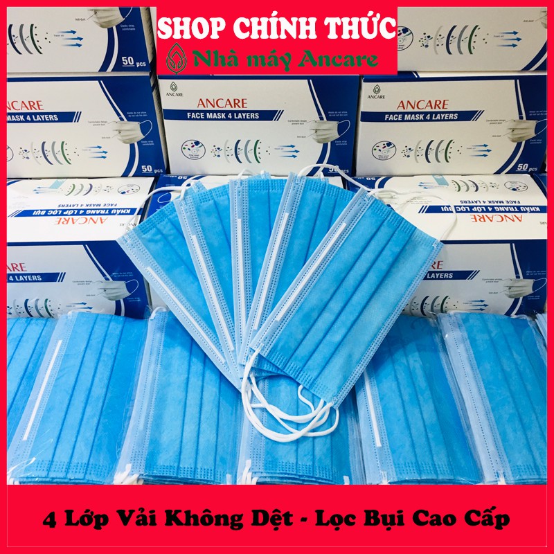 [Chính Hãng - FreeShip] Khẩu Trang Y Tế 4 Lớp Hộp 50 Cái Xuất Khẩu ANCARE. Vải Không Dệt Kháng Khuẩn Cao Cấp Xuất Khẩu