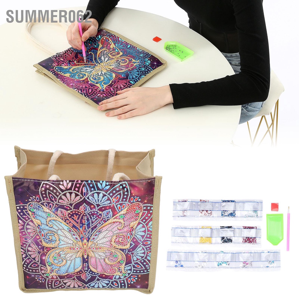 Summer062 5D Rhinestone Tranh Tote Bag Trau dồi tính kiên nhẫn Thưởng thức mô hình con bướm DIY Túi văn học cho Art Craft Trang trí nội thất Dã ngoại
