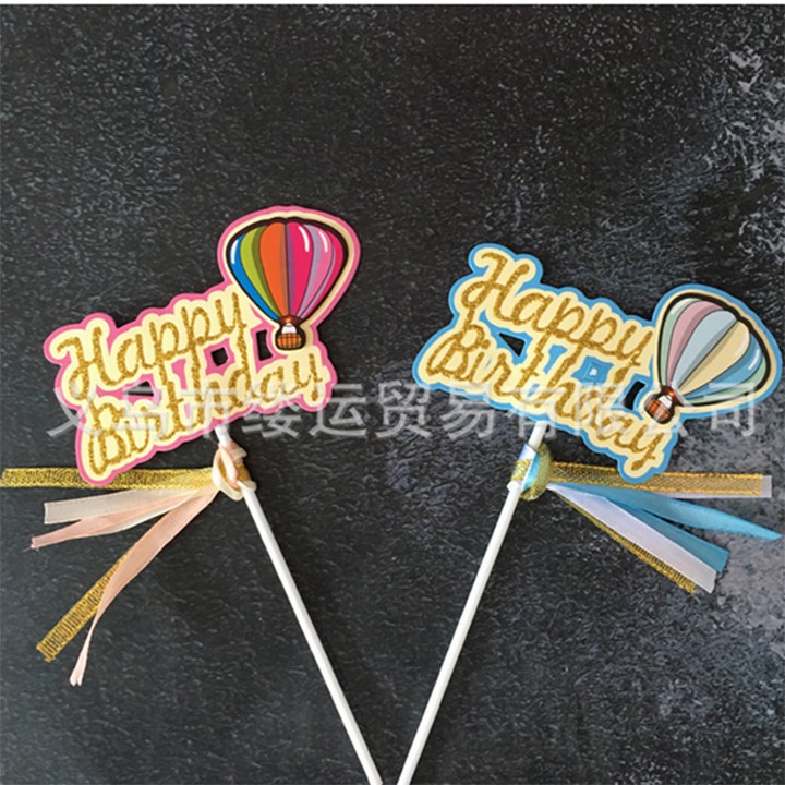 Combo 10 topper nhũ Happy birthday khí cầu cắm bánh sinh nhật cao 19Cm, trang trí bánh sinh nhật, hình khinh khí cầu