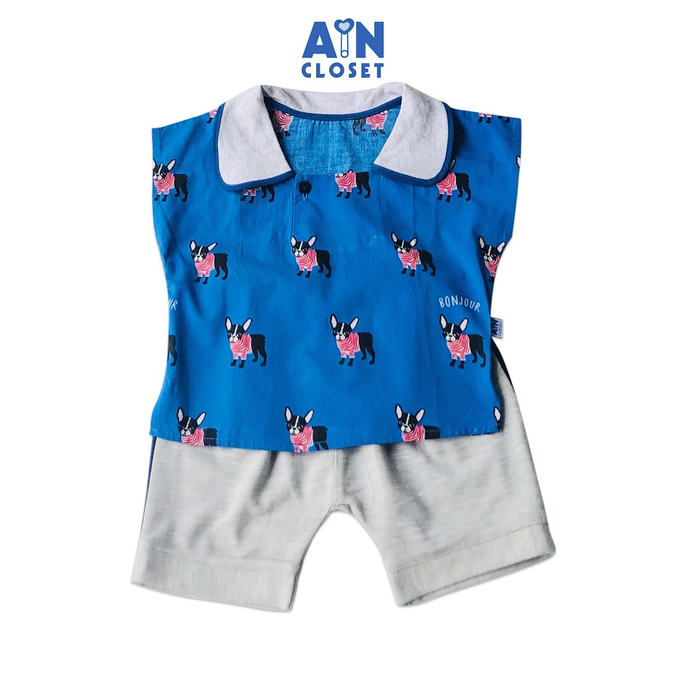 Bộ quần áo ngắn bé trai họa tiết Cún đen nền xanh cotton - AICDBGBX0ES2 - AIN Closet