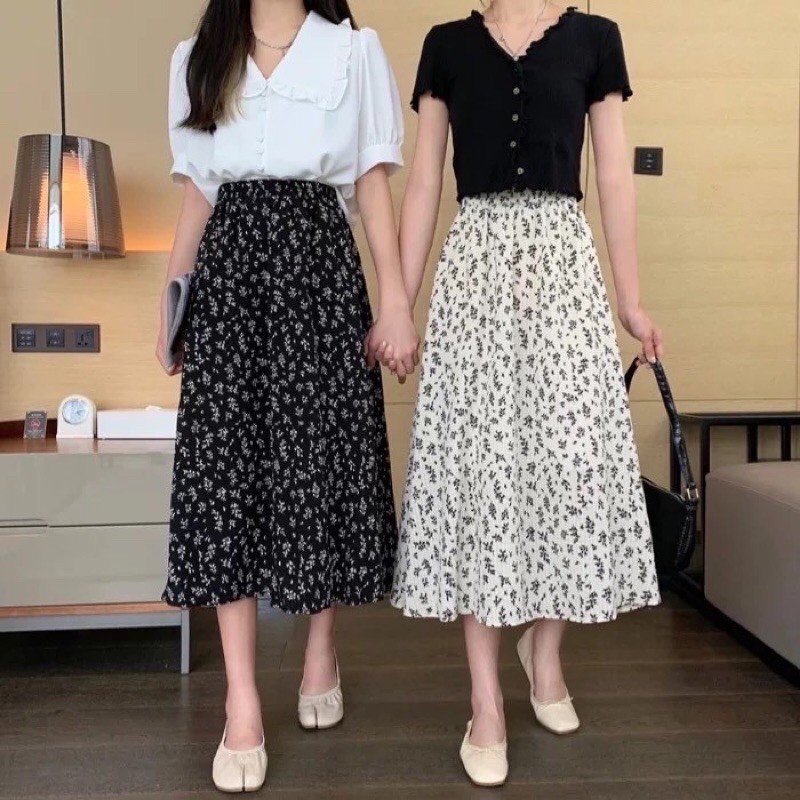 Chân váy hoa nhí von lụa dáng dài phong cách vintage