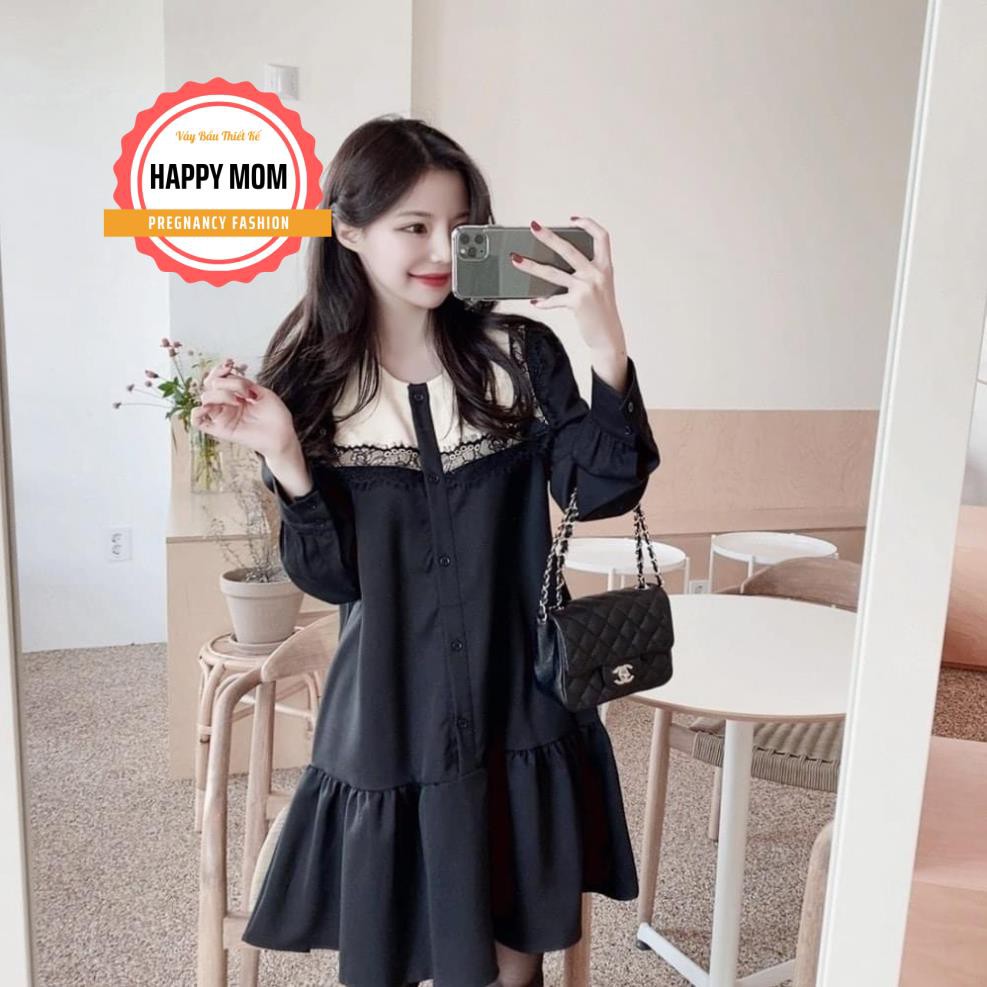 Váy bầu công sở thời trang thiết kế dài tay màu đen ren ngực chất đũi hàn freesize đến 70kg