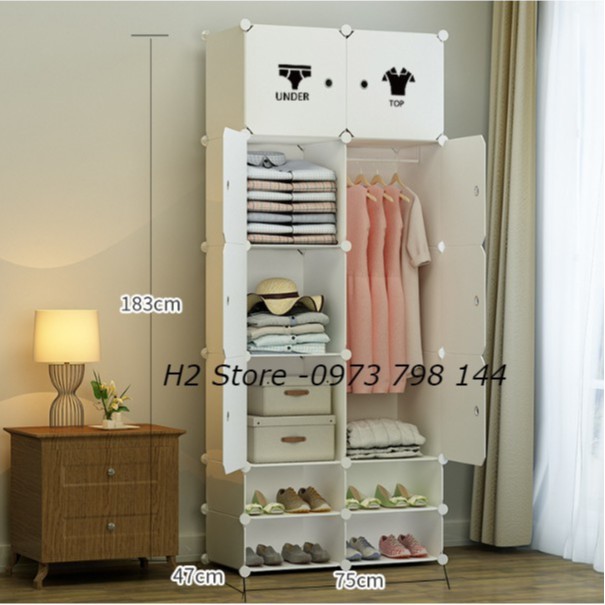 XƯỞNG TỦ ĐỂ TREO ĐỒ THÔNG MINH LẮP GHÉP 8 Ô + 4 Ô GIÀY CỬA QUẦN ÁO CUTE CHO TRẺ sâu 47cm, vách trắng