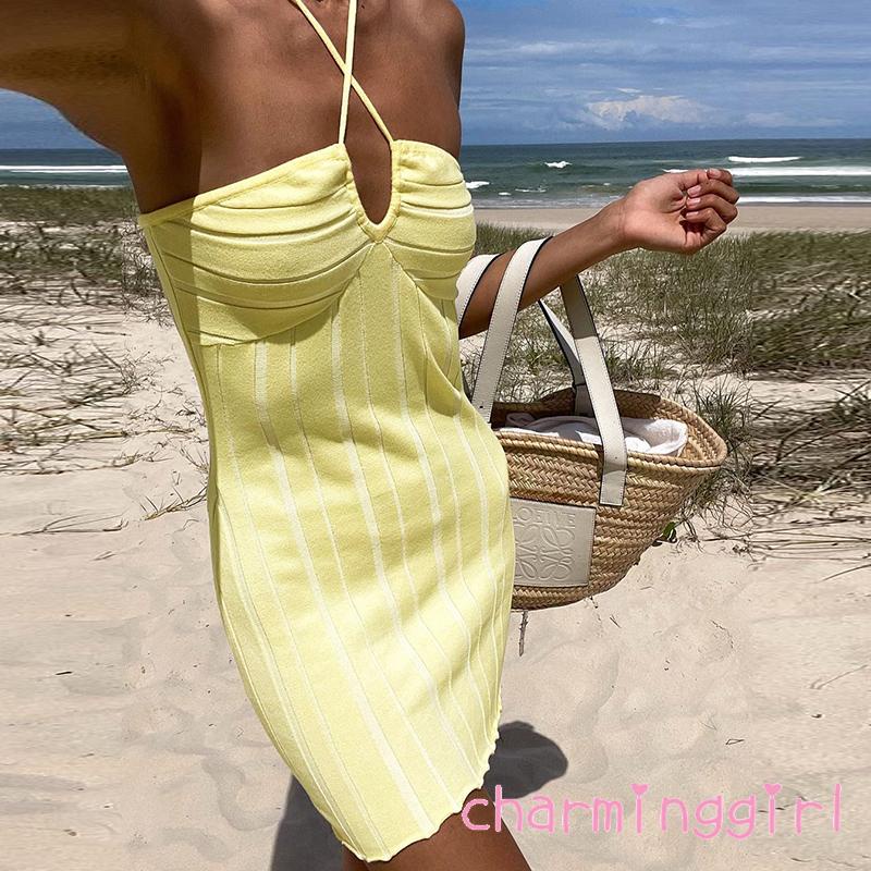 Đầm Ngắn Ôm Dáng Cổ Yếm Hở Lưng Màu Trơn Thời Trang Mùa Hè Cho Nữ