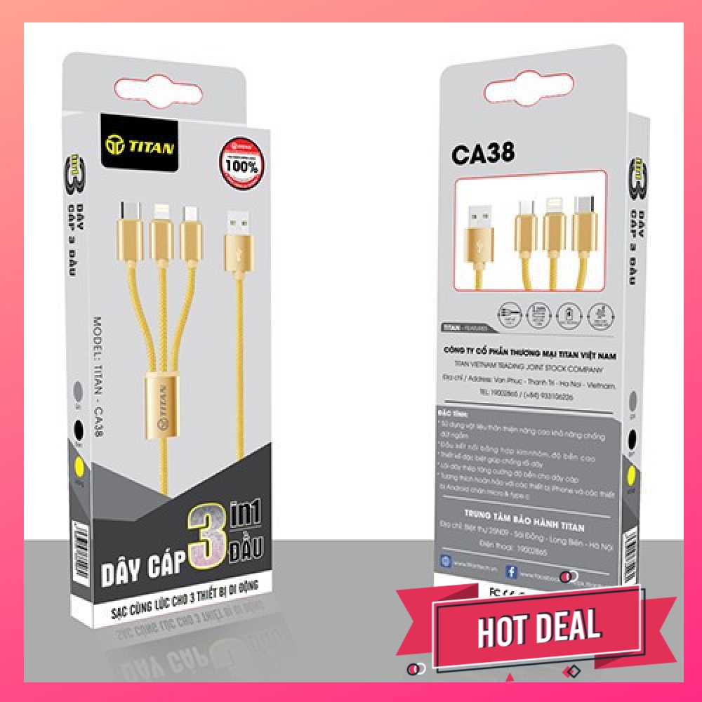 007587 - TP - Cáp 3 đầu TITAN CA38 (Lightning + Micro + Type C) - Đen