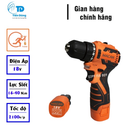 Máy Khoan Pin MACAN 18V không Chổi Than Pin 4 Cell