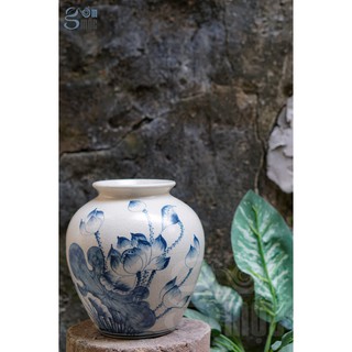 Bình hoa men rạn vẽ sen dáng nhỏ, gốm Bát Tràng