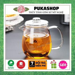 Ấm trà thủy tinh chịu nhiệt cao cấp, bình pha trà hoa dáng dài có lõi lọc, nắp thủy tinh size 650ml puka a17