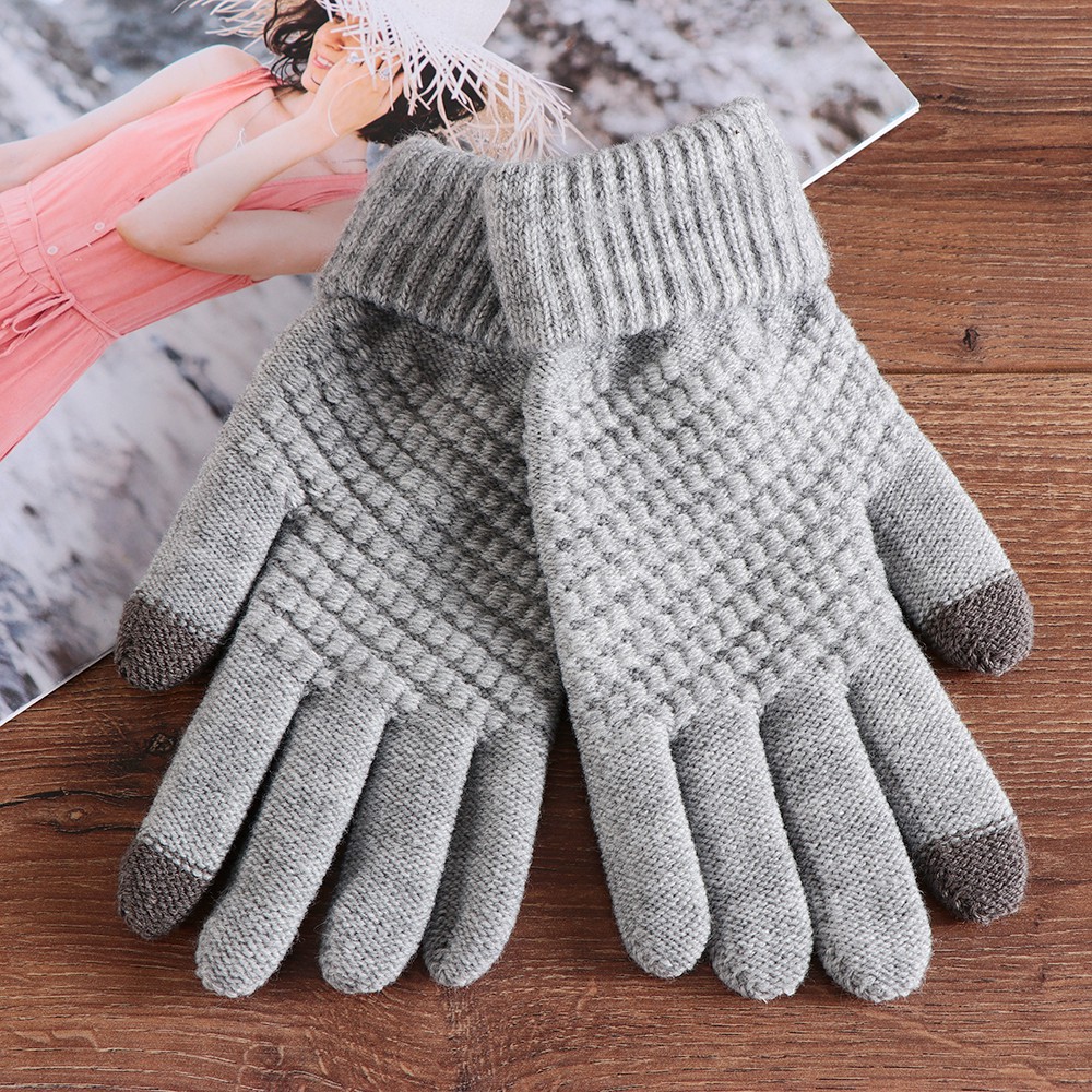 Găng tay len màu trơn giữ ấm thiết kế 2 đầu ngón tay chạm màn hình cảm ứng