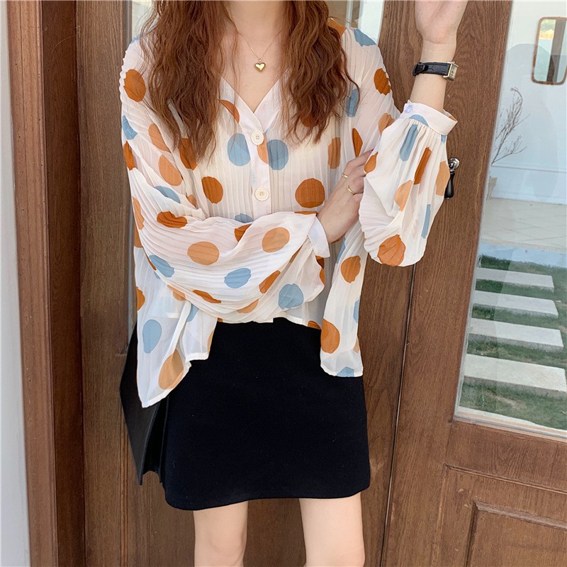 Western style loose wild fashion sweet street pleated chiffon shirt sunscreen blouse top women