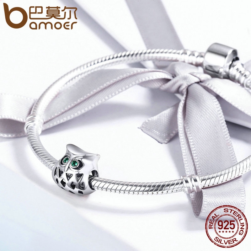 Hạt phụ kiện Bamoer SCC424 bằng bạc thật 925 thiết kế hình cú mèo khoét rỗng xinh xắn dùng làm trang sức