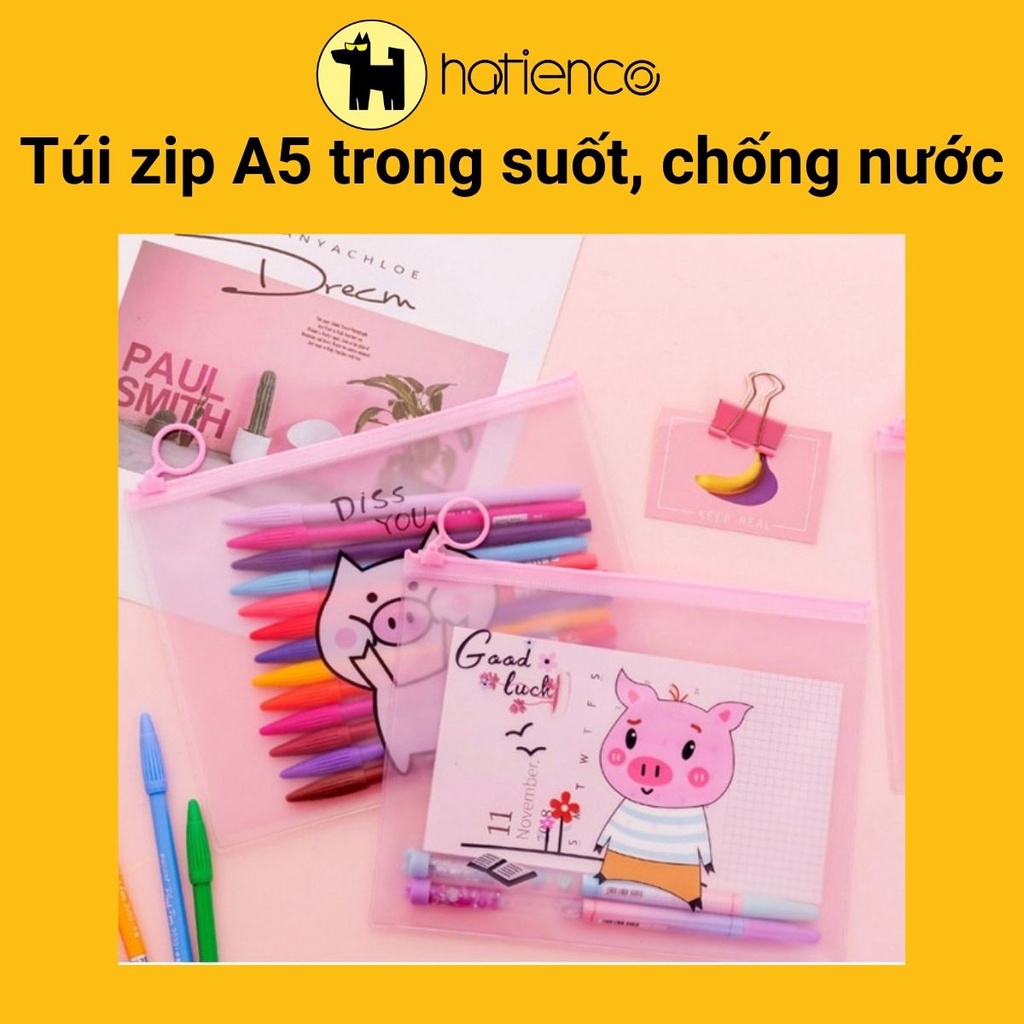 Túi zip A5 trong suốt ,chống nước đựng bút, mỹ phẩm Heo Hồng, Xương Rồng, Unicorn, Báo Hồng, Molang