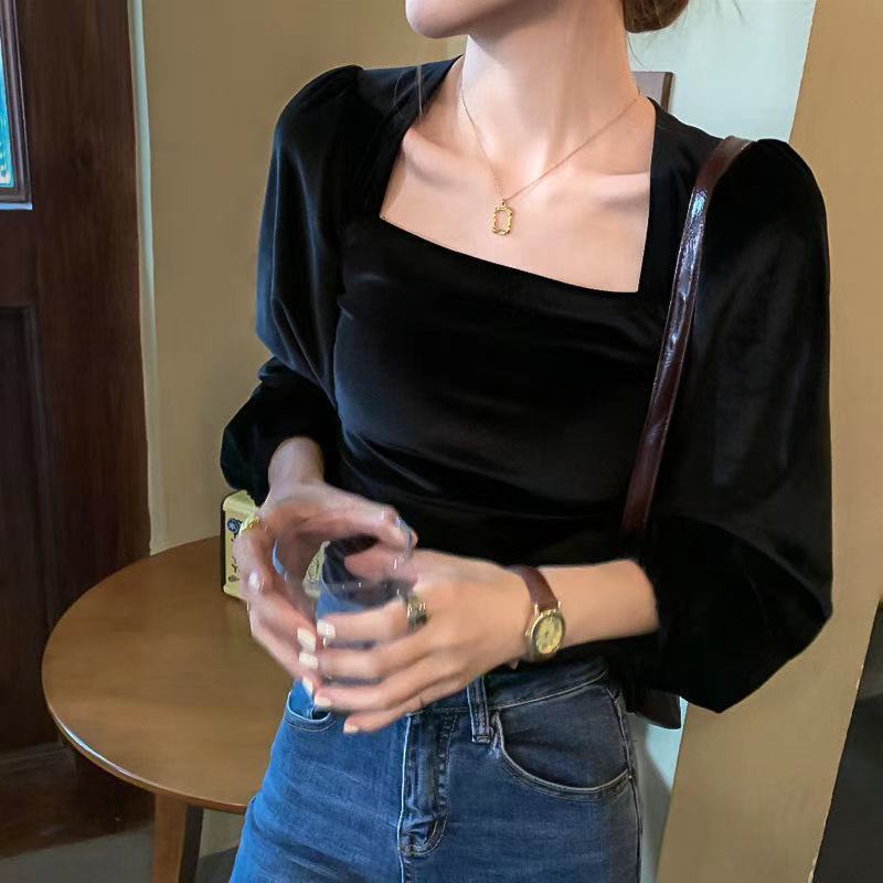 Áo Kiểu Nữ Velvet Square Neck Bubble Sleeve Slim Long Sleeve Women's New Korean Tops Fashion