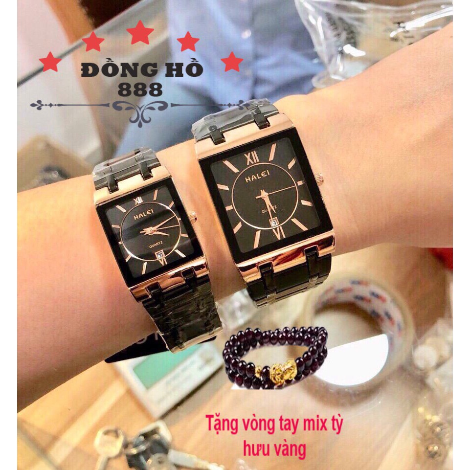 Cặp đồng hồ HALEI dây thép mặt vuông chống ghỉ chống bay màu chống xước chống nước tuyệt đối dây đen mặt đen