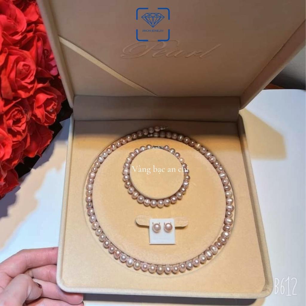 Bộ vòng cổ vòng tay và bông tai hạt trai trắng ánh hồng, quà tặng cho mẹ. Anchi jewelry