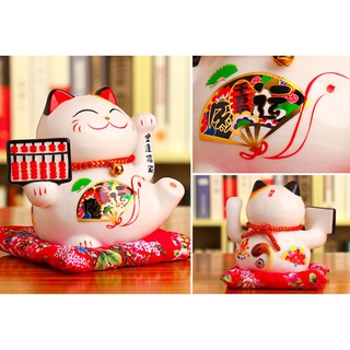 MÈO THẦN TÀI BẰNG SỨ VẪY TAY 16CM - TAY CẦM BÀN TÍNH