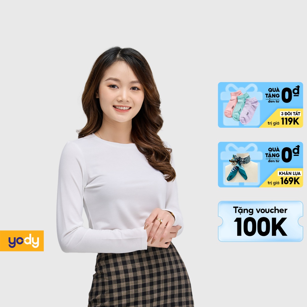 Áo giữ nhiệt nữ YODY chất liệu cotton mềm mịn, áo phông dài tay mùa thu cho nàng thoải mái mix đồ ATN4606