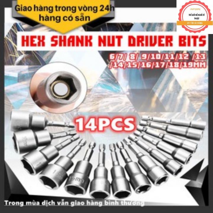 Bộ chụp bulong vặn ốc chuôi lục giác 6.35mm đường kính 6-19mm + chân già khoan bê tông ( đầu chụp bắt bulong)