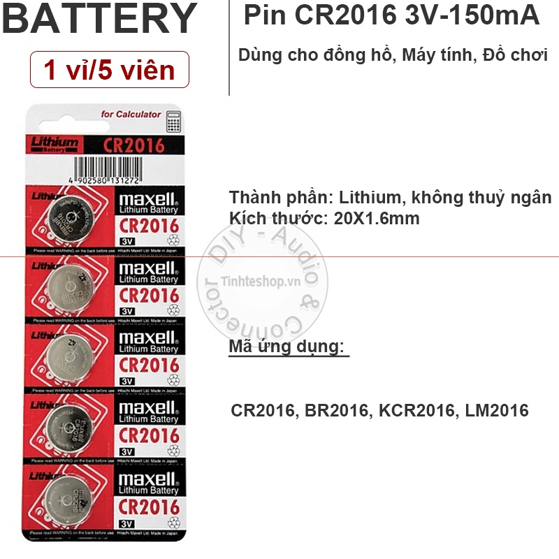 1 vỉ 5 viên - PIN CR2016 KCR2016 LM2016 BR2016 lithium 3 volt Maxell - Dùng cho Máy tính, Đồng hồ.v.v