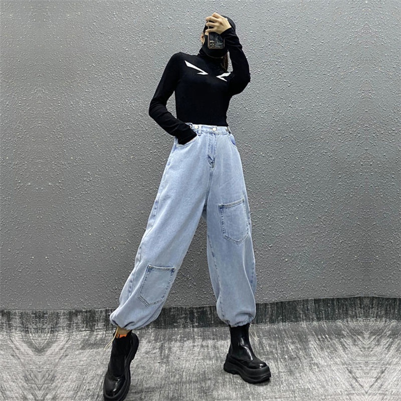 Quần jeans có túi cạp cao phong cách hip hop mới cho nữ