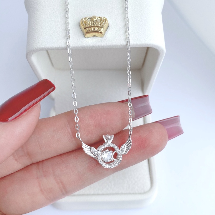 Dây chuyền bạc nữ Evasilver hình đôi cánh đính mặt đá tròn, dây chuyền chuẩn bạc ta sang trọng nữ tính
