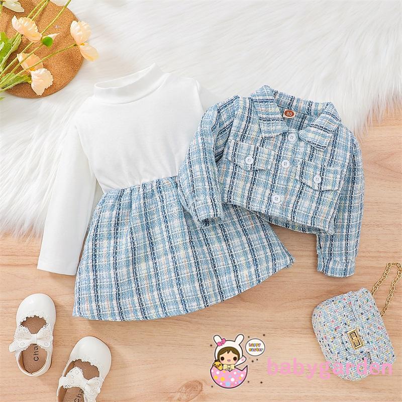 Set Đồ 2 Món Gồm Áo Tay Dài Cài Nút Kẻ Sọc Caro + Váy Cho Bé Gái 3-24 Tháng Tuổi