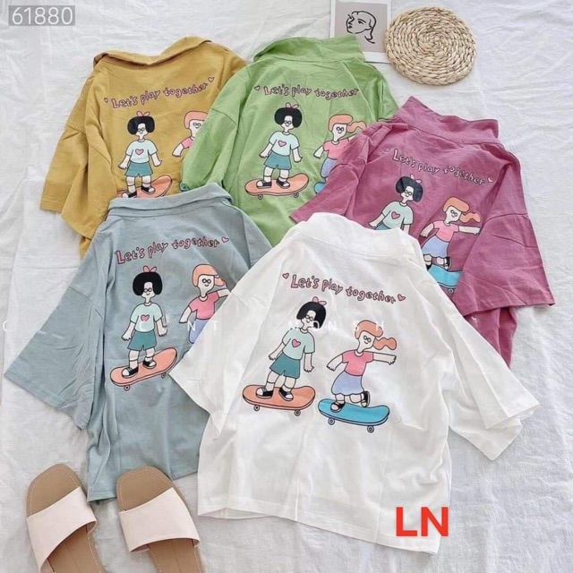 Áo thun crt polo cổ bẻ in 2 mặt cô gái lướt ván