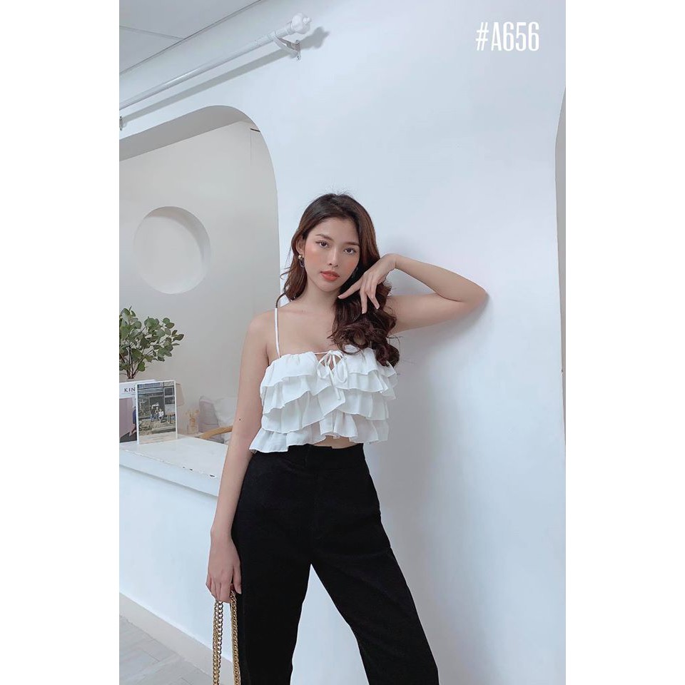 Áo crop 2 dây voan bèo xếp tầng | BigBuy360 - bigbuy360.vn