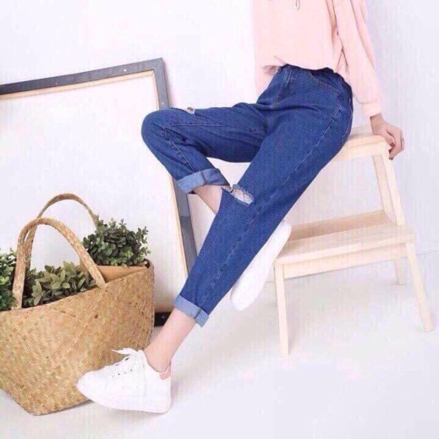 [Bigsize 26-36] Quần Baggy Rách Gối - 2 Màu Xanh Đá Đậm/Nhạt - Lưng Cao, Không Giãn