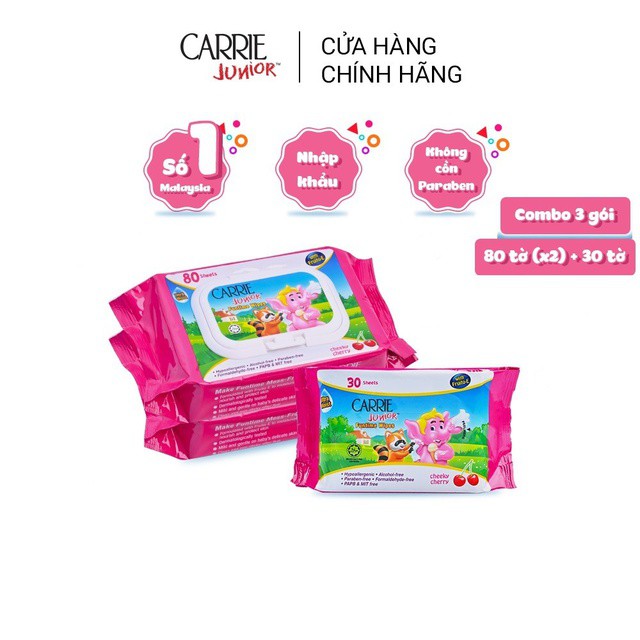 [Mã FMCGB1 giảm 10% đơn 250K] Bộ 3 Khăn giấy ướt Carrie Junior Funtime Cheeky Cherry - 80 tờ (x2) + 30 tờ