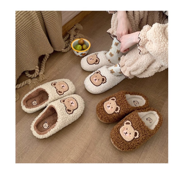 Dép sục bông lông cừu đi trong nhà hình con gấu kèm ảnh thật