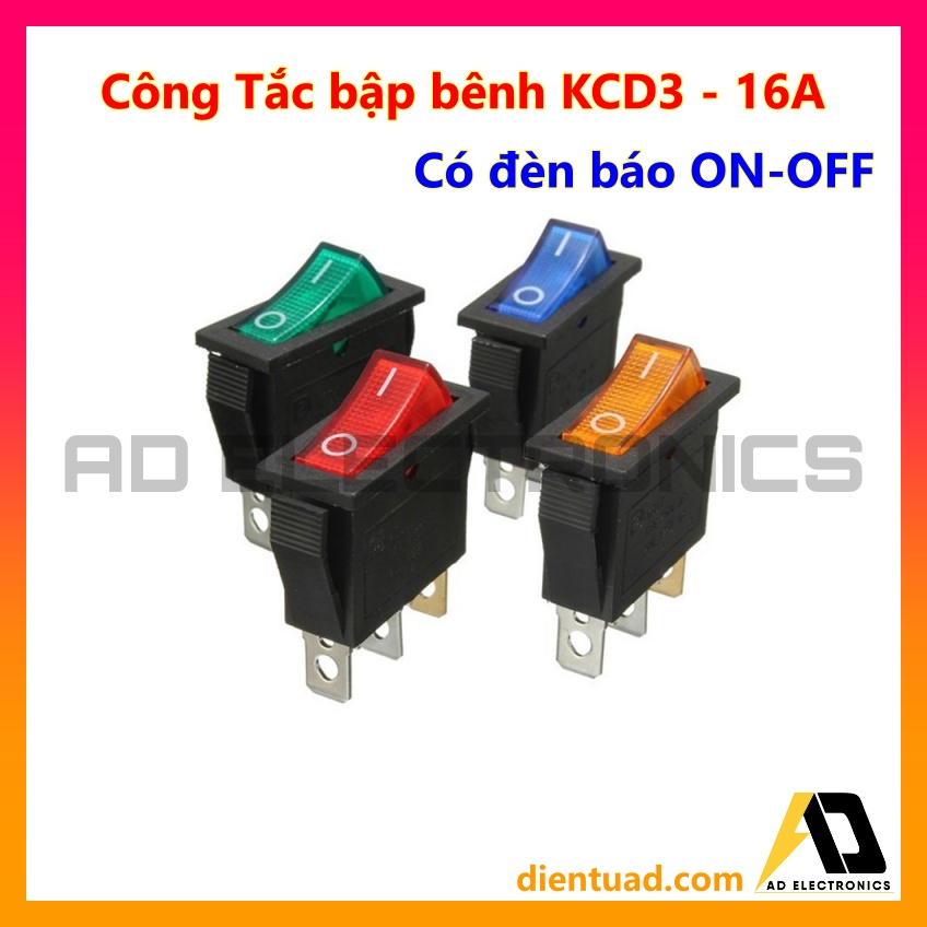 Công Tắc Bập Bênh 3 Chân KCD3 - 16A 30x13.5mm, Có Đèn Báo Sáng Trạng Thái ON- OFF