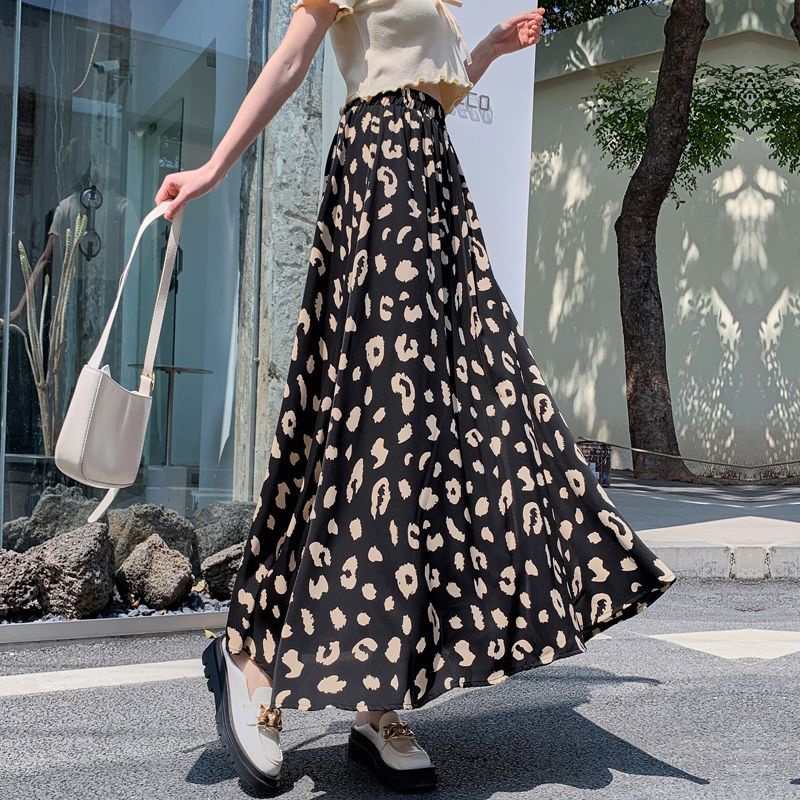 Chân váy midi BH chiffon chữ A lưng thun cao in họa tiết da báo thời trang 2022