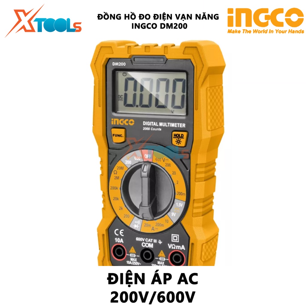 Đồng hồ vạn năng INGCO DM200 | Đồng hồ đo điện vạn năng Điện áp DC 200mV/2V/20V/200V/600V Điện áp AC 200V/600V Dòng điện