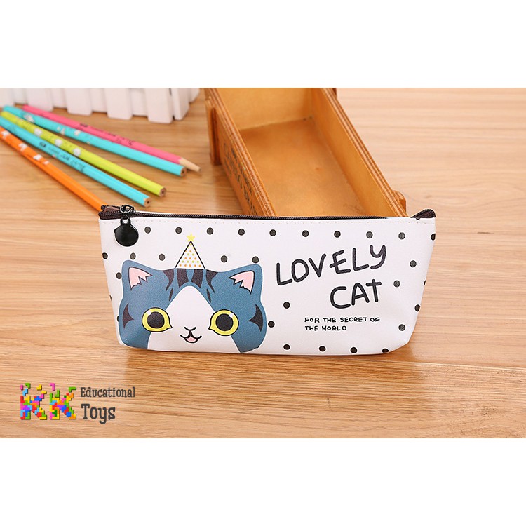 Đồ dùng học sinh, quà tặng cho con: Túi đựng bút 1 ngăn lovely cat - KKstore