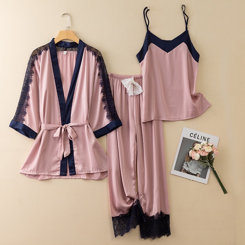 Bộ Đồ Ngủ 3 Món Bằng Lụa Mát Tay Dài Phối Ren Thời Trang Mùa Hè Xinh Xắn Cho Nữ